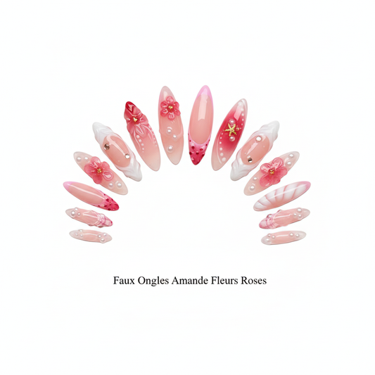 24pcs/set French Almond Press on Nails Pink Flower Fake Nails Spicy Girls False Nail Artificial Tips 네일팁 Накладные Ногти Uñas